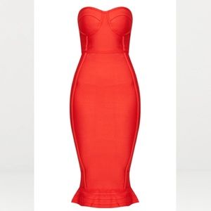 Red bandage bodycon frill hem midi dress